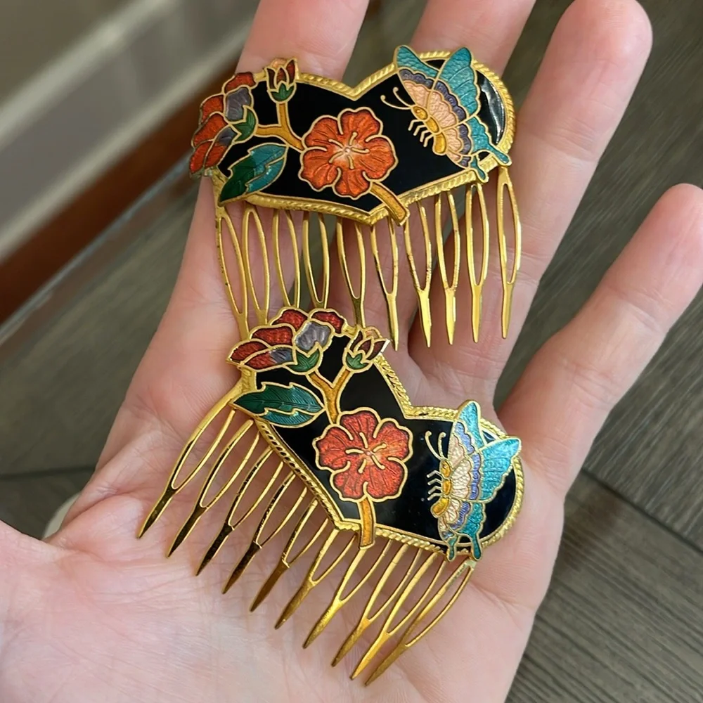 Vintage Cloisonné Butterfly Heart & Flower Hair Combs - Picture 16 of 16